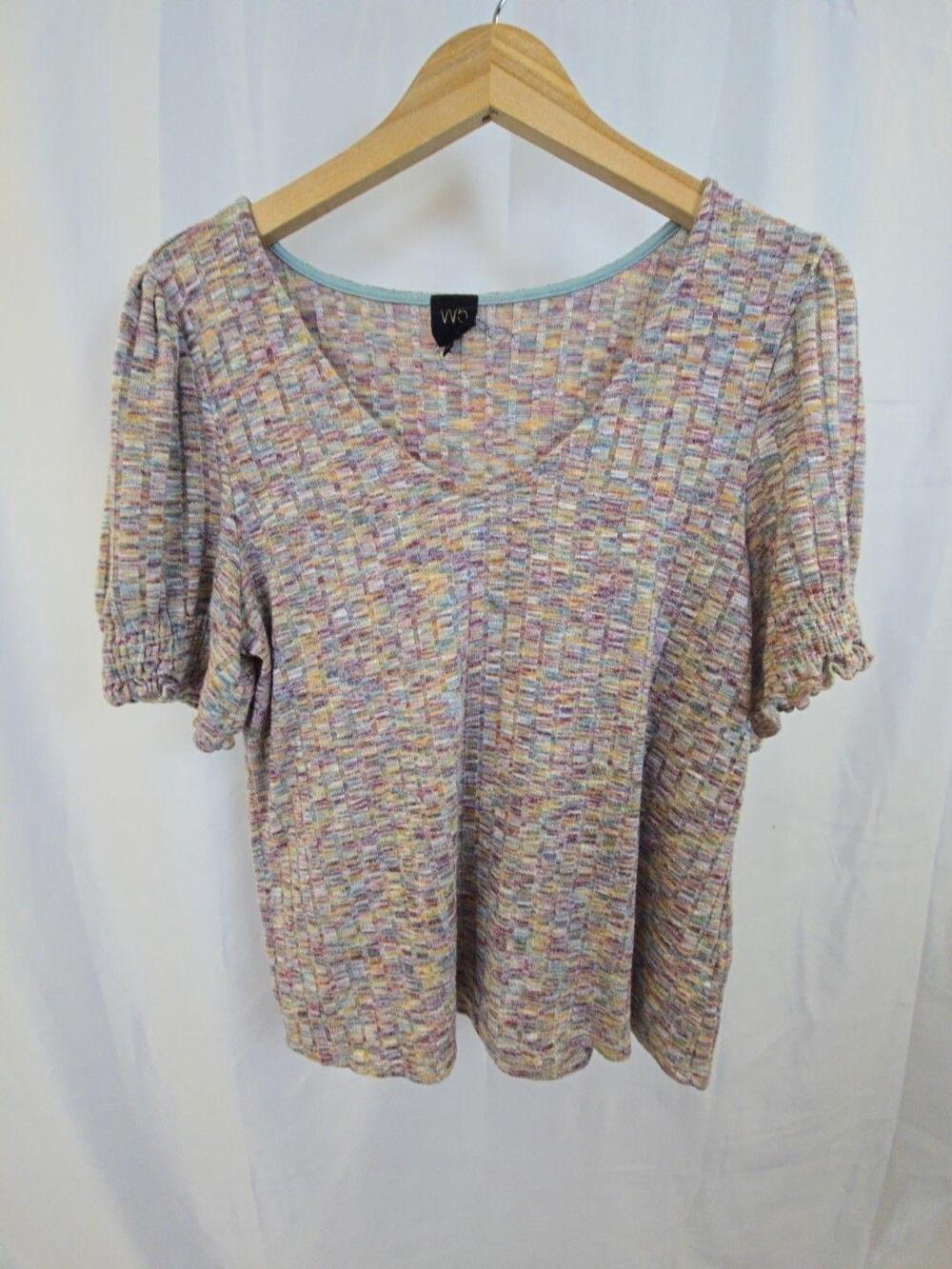W5 Blouse Womens XL Multicolor Geometric V Neck Puff Sleeve Knit Stretch Top